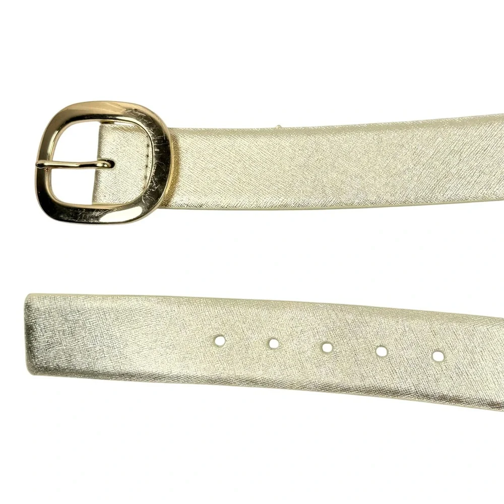 Saks Fifth Avenue BLACK Belt Womens Medium Gold Metallic Leather 5626